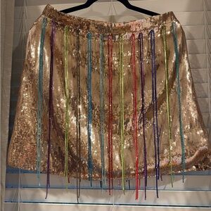 QUEEN OF SPARKLES Gold Sequin Mini Skirt with Multicolor Beaded Fringe